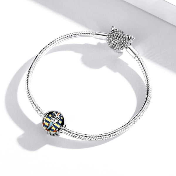 Egyptian Pharoah Head Enamel Sterling Silver CZ Bead Charm Bracelet Necklace