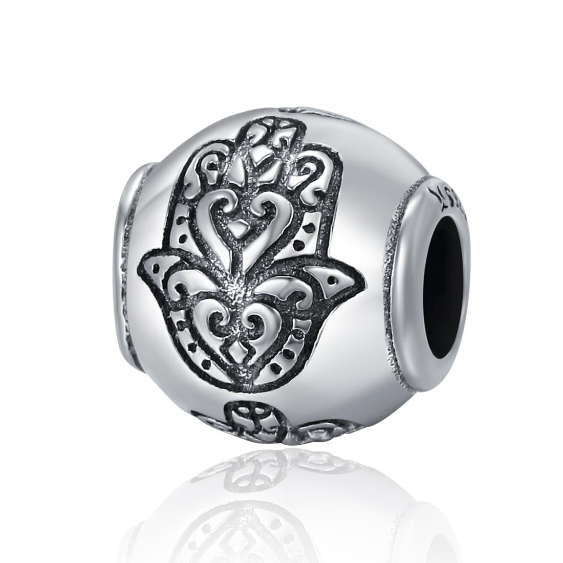 Hamsa Fatima Evil Eye Hand Sterling Silver Spacer Bead Charm Bracelet Necklace