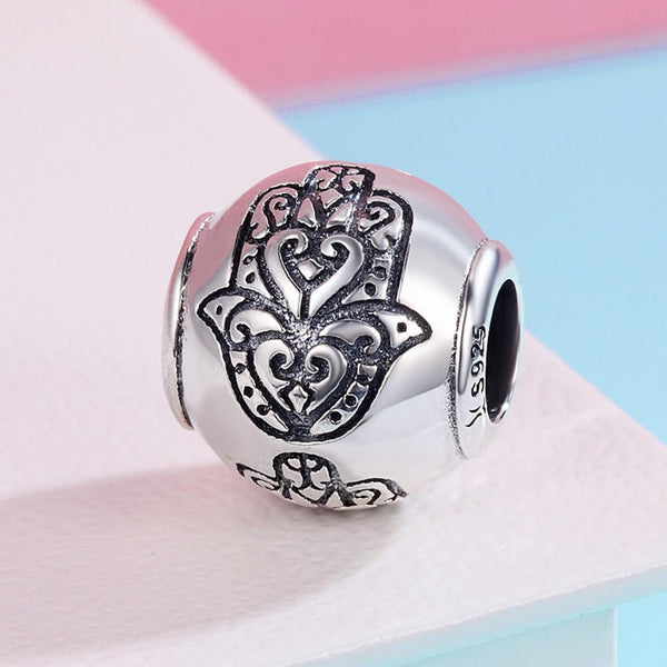 Hamsa Fatima Evil Eye Hand Sterling Silver Spacer Bead Charm Bracelet Necklace