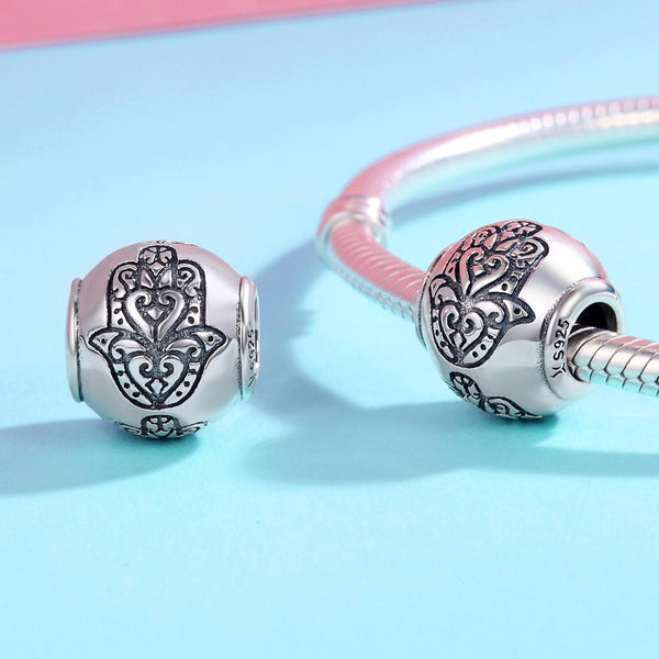Hamsa Fatima Evil Eye Hand Sterling Silver Spacer Bead Charm Bracelet Necklace