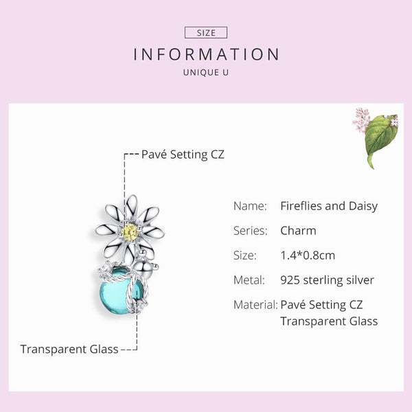 Firefly Daisy Sterling Silver Zircon CZ Bead Charm Pendant Bracelet Necklace
