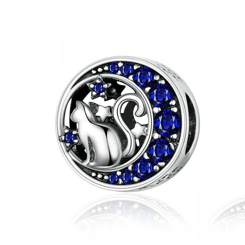 Blue Moon Cat Sterling Silver Zircon CZ Hollow Bead Charm Bracelet Necklace