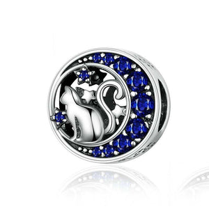 Blue Moon Cat Sterling Silver Zircon CZ Hollow Bead Charm Bracelet Necklace