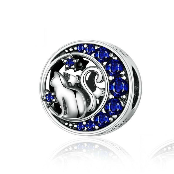 Blue Moon Cat Sterling Silver Zircon CZ Hollow Bead Charm Bracelet Necklace