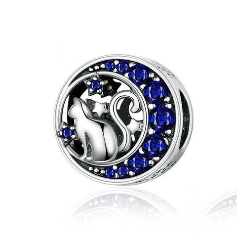 Blue Moon Cat Sterling Silver Zircon CZ Hollow Bead Charm Bracelet Necklace