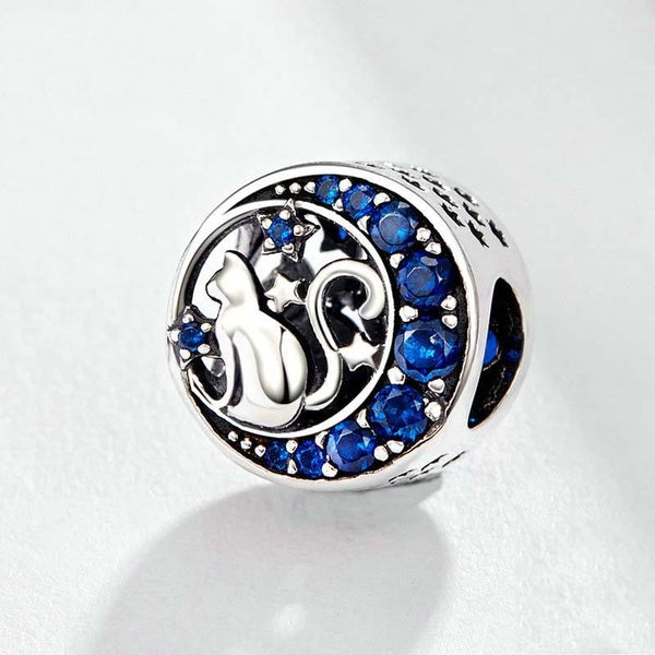 Blue Moon Cat Sterling Silver Zircon CZ Hollow Bead Charm Bracelet Necklace
