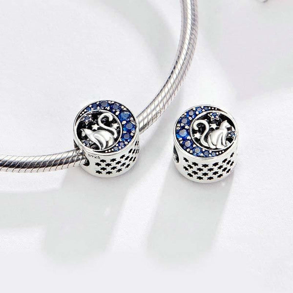 Blue Moon Cat Sterling Silver Zircon CZ Hollow Bead Charm Bracelet Necklace