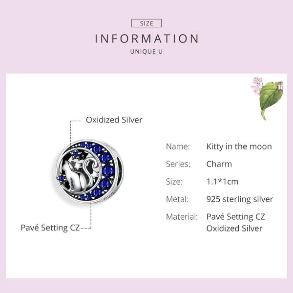 Blue Moon Cat Sterling Silver Zircon CZ Hollow Bead Charm Bracelet Necklace