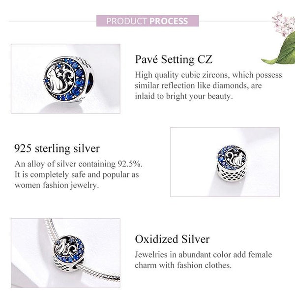Blue Moon Cat Sterling Silver Zircon CZ Hollow Bead Charm Bracelet Necklace
