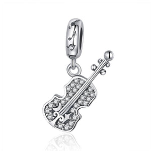 Violin Sterling Silver Zircon CZ Bead Charm Bracelet Necklace