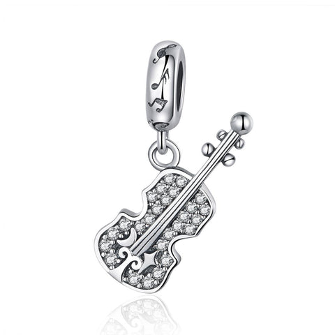 Violin Sterling Silver Zircon CZ Bead Charm Bracelet Necklace