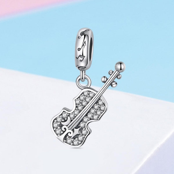 Violin Sterling Silver Zircon CZ Bead Charm Bracelet Necklace