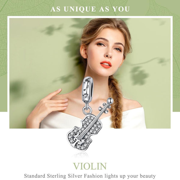 Violin Sterling Silver Zircon CZ Bead Charm Bracelet Necklace