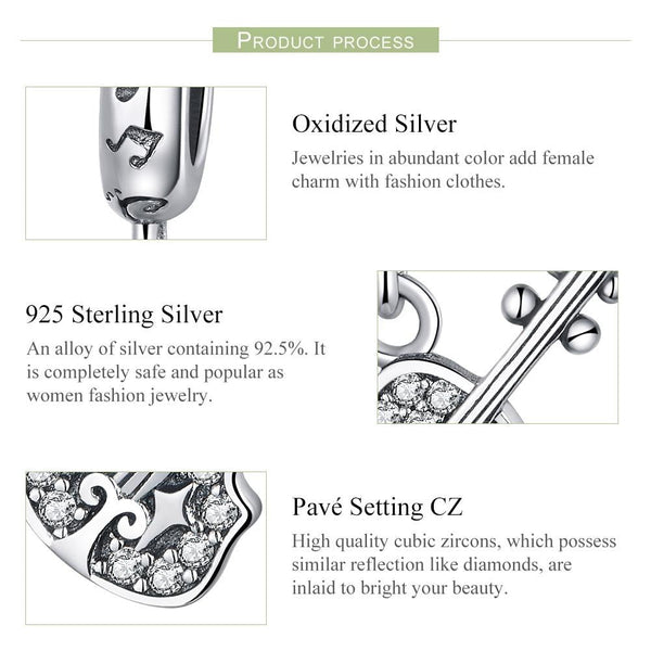 Violin Sterling Silver Zircon CZ Bead Charm Bracelet Necklace