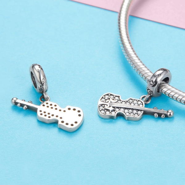 Violin Sterling Silver Zircon CZ Bead Charm Bracelet Necklace