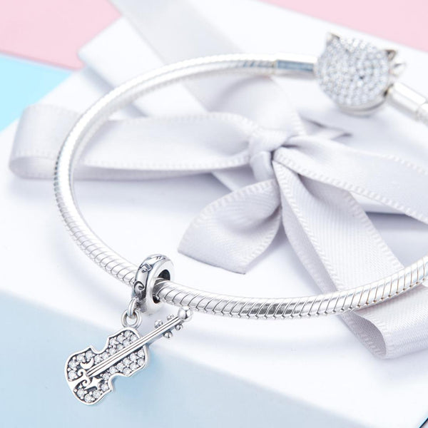 Violin Sterling Silver Zircon CZ Bead Charm Bracelet Necklace