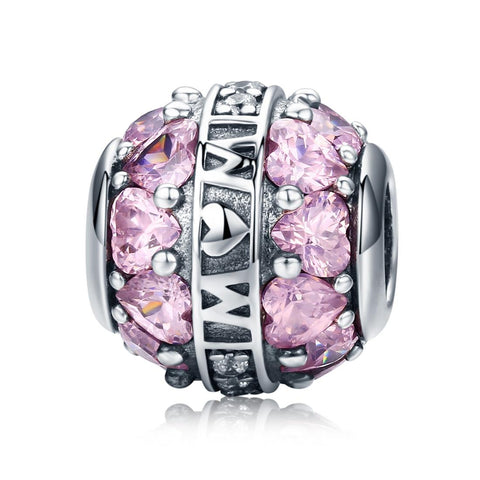 Love Mum Pink Hearts Sterling Silver Zircon CZ Spacer Bead Charm Bracelet Necklace