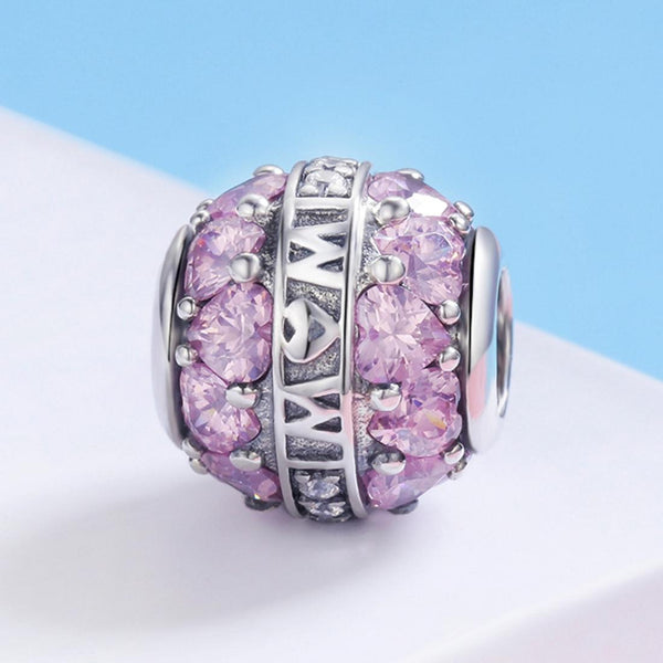 Love Mum Pink Hearts Sterling Silver Zircon CZ Spacer Bead Charm Bracelet Necklace
