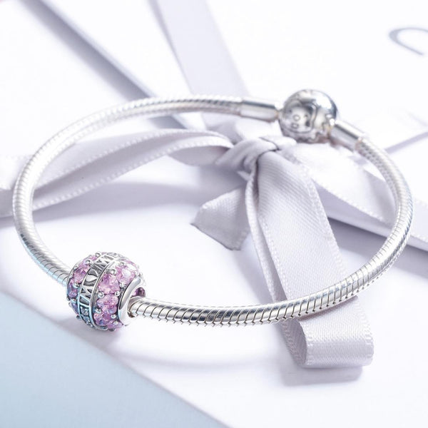Love Mum Pink Hearts Sterling Silver Zircon CZ Spacer Bead Charm Bracelet Necklace