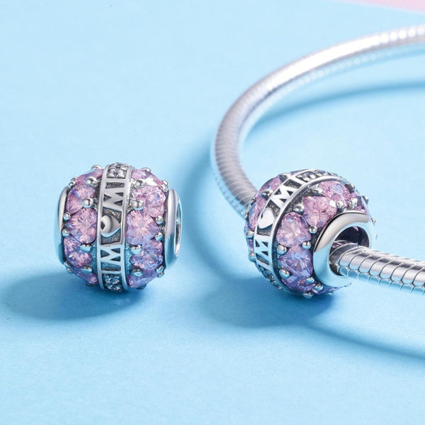 Love Mum Pink Hearts Sterling Silver Zircon CZ Spacer Bead Charm Bracelet Necklace