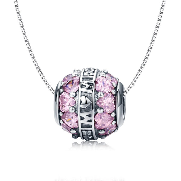 Love Mum Pink Hearts Sterling Silver Zircon CZ Spacer Bead Charm Bracelet Necklace
