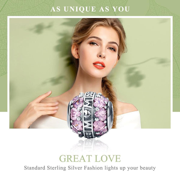 Love Mum Pink Hearts Sterling Silver Zircon CZ Spacer Bead Charm Bracelet Necklace