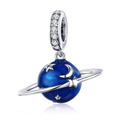Blue Planet Ring Stars Enamel Sterling Silver CZ Bead Charm Bracelet Necklace