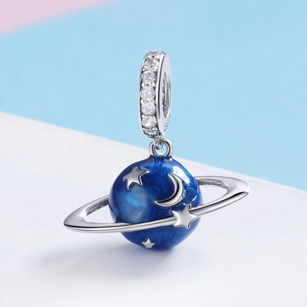 Blue Planet Ring Stars Enamel Sterling Silver CZ Bead Charm Bracelet Necklace