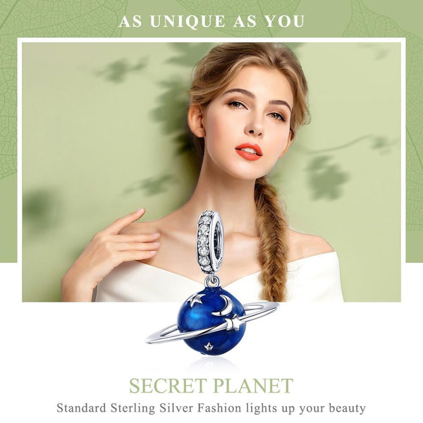 Blue Planet Ring Stars Enamel Sterling Silver CZ Bead Charm Bracelet Necklace