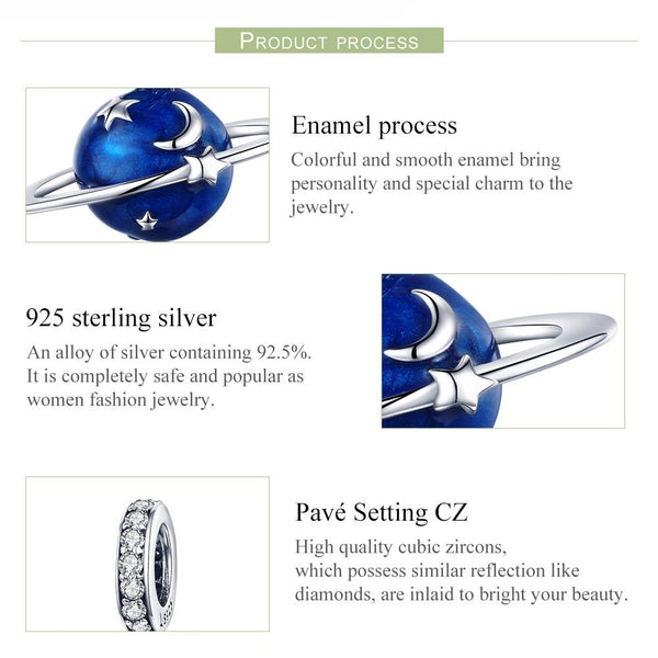Blue Planet Ring Stars Enamel Sterling Silver CZ Bead Charm Bracelet Necklace