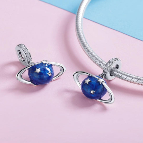 Blue Planet Ring Stars Enamel Sterling Silver CZ Bead Charm Bracelet Necklace