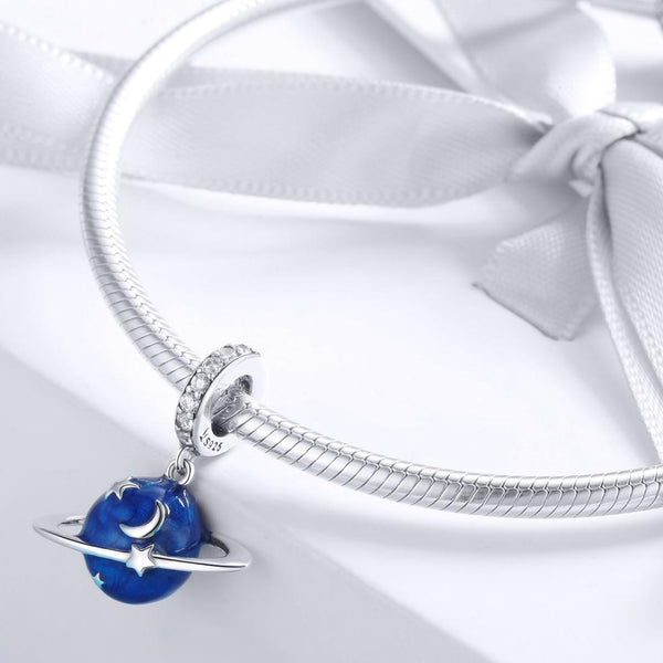 Blue Planet Ring Stars Enamel Sterling Silver CZ Bead Charm Bracelet Necklace