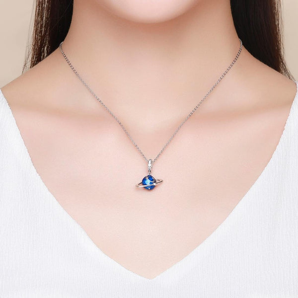 Blue Planet Ring Stars Enamel Sterling Silver CZ Bead Charm Bracelet Necklace