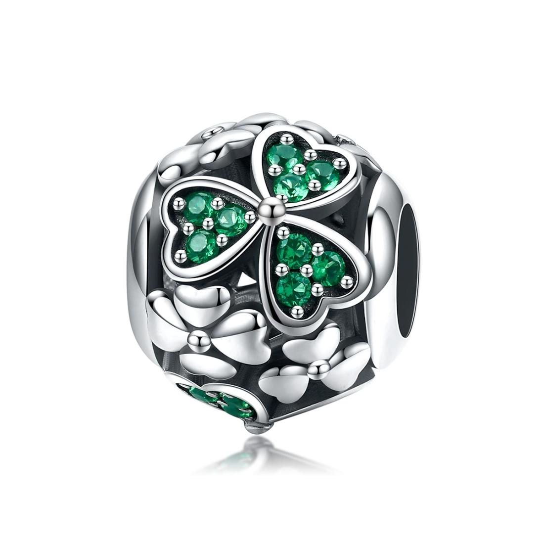 Green Shamrock Sterling Silver Zircon CZ Bead Charm Pendant Bracelet Necklace