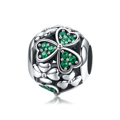 Green Shamrock Sterling Silver Zircon CZ Bead Charm Pendant Bracelet Necklace