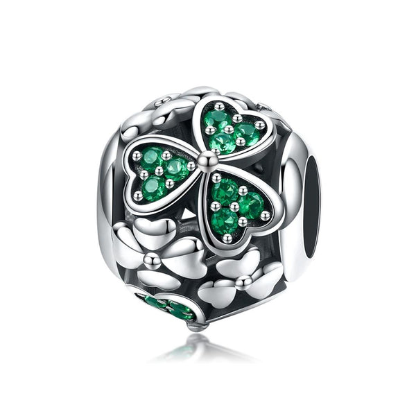 Green Shamrock Sterling Silver Zircon CZ Bead Charm Pendant Bracelet Necklace