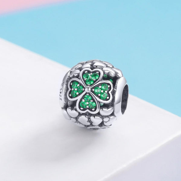 Green Shamrock Sterling Silver Zircon CZ Bead Charm Pendant Bracelet Necklace