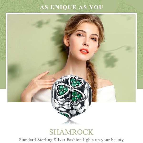 Green Shamrock Sterling Silver Zircon CZ Bead Charm Pendant Bracelet Necklace
