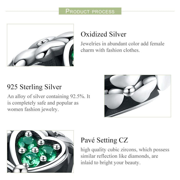Green Shamrock Sterling Silver Zircon CZ Bead Charm Pendant Bracelet Necklace