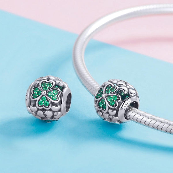 Green Shamrock Sterling Silver Zircon CZ Bead Charm Pendant Bracelet Necklace