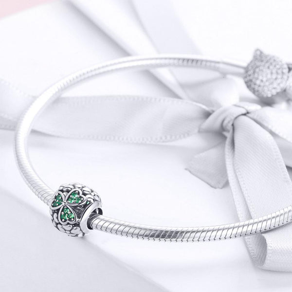 Green Shamrock Sterling Silver Zircon CZ Bead Charm Pendant Bracelet Necklace