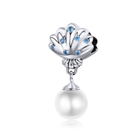 Scallop Sheel Faux Pearl Sterling Silver CZ Bead Charm Pendant Bracelet Necklace