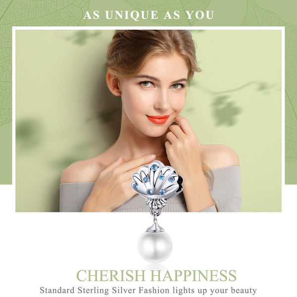 Scallop Sheel Faux Pearl Sterling Silver CZ Bead Charm Pendant Bracelet Necklace