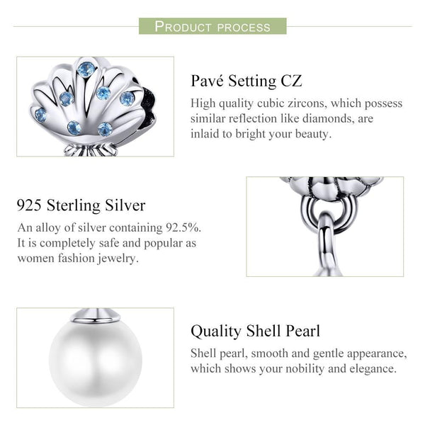 Scallop Sheel Faux Pearl Sterling Silver CZ Bead Charm Pendant Bracelet Necklace