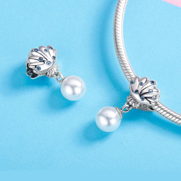 Scallop Sheel Faux Pearl Sterling Silver CZ Bead Charm Pendant Bracelet Necklace