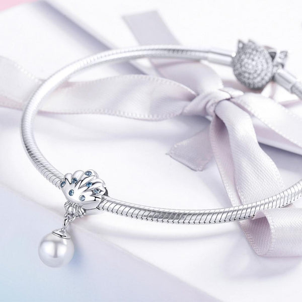 Scallop Sheel Faux Pearl Sterling Silver CZ Bead Charm Pendant Bracelet Necklace