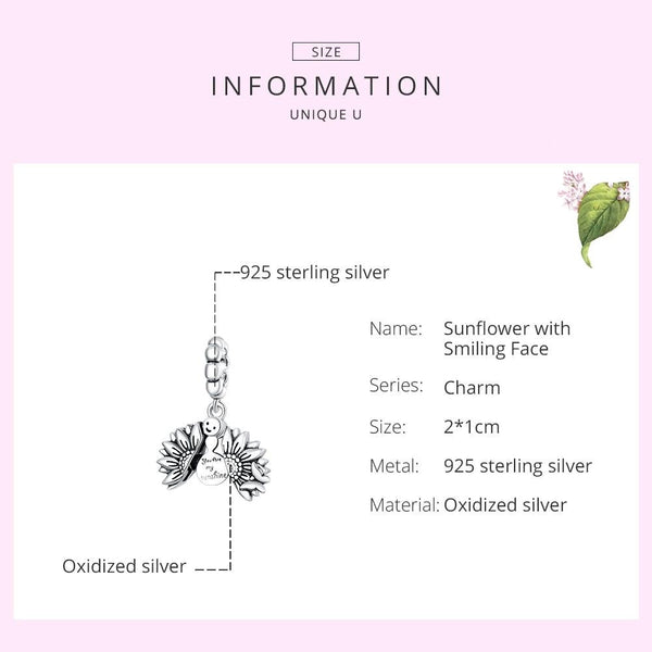 You Are My Sunshine Sunflower Sterling Silver Bead Charm Bracelet Necklace