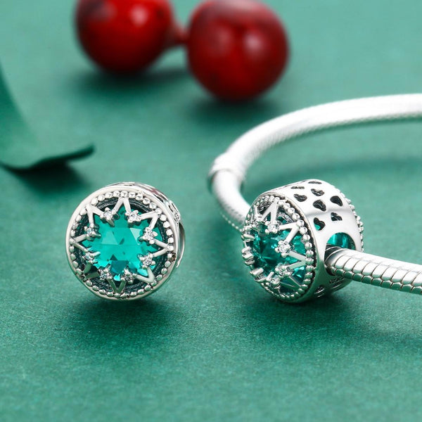 Green Glass Snowflake Sterling Silver Bead Charm Bracelet Necklace