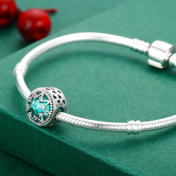 Green Glass Snowflake Sterling Silver Bead Charm Bracelet Necklace