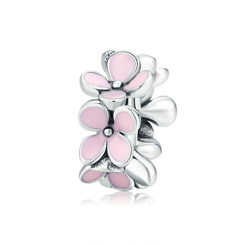Pink Flowers Enamel Sterling Silver Bead Charm Bracelet Necklace